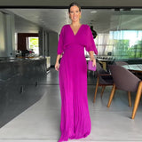 Fongt New Fall 2023 Solid Color V-Neck Bat Sleeve High-Waisted Dress-Outfit