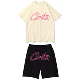 Devil Island Rose Red Letter Printed Short-Sleeved T-Shirt Casual Shorts Set For Men And Women-Outfit