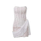 Fongt 2023 New Women's Sexy Lace Mesh A Word Shoulder Wipe Breast Micro Transparent Slim Dress
