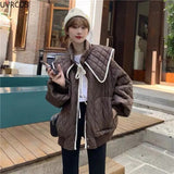 Sweet Warm Cotton Coats Women Cute Turndown Collar Loose Casual Padded Jacket Solid Color Single Breasted Office Clothes-Outfit
