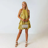 Summer New Pleated Neck Dress INS Fashion Leisure Back Branch Multi-Layer Dress-Outfit