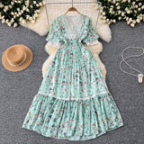 Fongt Dress Women's Summer High-End Feeling V-Neck Lace Splicing Bubble Sleeves To Close The Waist Of The Chopped Snowy Dress