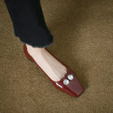 Fongt Pearl Flats For Women's Spring / Summer 2023 Soft Leather Patchwork Color With Skirt Square Head Light Mouth Single Shoes Red Single Shoes-Outfit