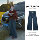Fongt Kong Style Retro Dark Blue A Word Big Horn Jeans Women 2025 Spring And Autumn High Waist Hanging Wide Legs Long Pants