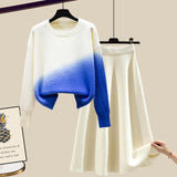 Women Autumn Winter Warm Knitted Two Pieces Sets Korean Long Sleeve Pullover Sweater Top And High Waist Knitting Skirts