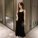 Early Spring New Square Collar Knitted Sling Dress Women's Solid Color Pit Striped Thin Vest Bottom Skirt In Medium Length-Outfit