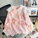 Large Collar Pink Bow Striped Knitted Sweatshirt-Outfit