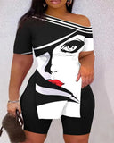 New Fashion Leisure Oblique Collar Shoulder Print Suit-Outfit