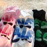 Street Kawaii Pink Flock Embroidery T Shirts Women Girls Summer Cotton O-neck Tops Large Size 2XL Harajuku Hip Hop
