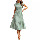 Fongt Summer Hot Women's Clothing New To Take Flying Sleeves Pure Color Folding Short-Sleeved Dress Women