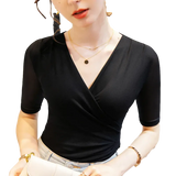 Summer Thin Women Crossed V Neck Mesh T Shirts Lady Elegant Elastic Base Folds Tops Tees Female Half Sleeve T-Shirt-Outfit