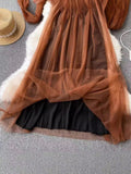 Lantern Sleeve Style Square Collar Net Dress Femininity Tea Break Skirt Warm And Long Fairy Skirt-Outfit