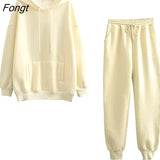 and Winter 2023 New Hooded Sweater Plush Thickened Two-piece Loose Pants Hooded Sweatshirts Women's Tracksuit Female