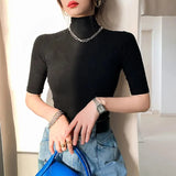 Women Half Turtleneck Slim Half Sleeve T Shirts Lady Threaded Fabric Elegant Stretchy Tops Tees Female Basic Sheath T-Shirt-Outfit