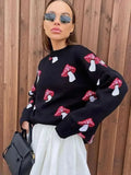 Women Mushroom Printed Sweaters Autumn Winter Casual Round Neck Loose Pullovers 2023 Female Elegant Warm Long Sleeved