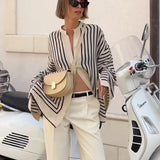 Fongt Pop Fashion Lady Bump Color Round Collar Single Row Buckle Long-Sleeved Striped Loose Casual Shirt Top