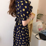 Summer Women Lace Up Floral Dress V-Neck Slim Elegant Midi Runway Puff Sleeve