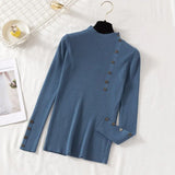 Casual Front Button Slim Knitted Sweater Long Sleeve Stand Collar Solid High Street Pullover 2021 Winter New Fashion