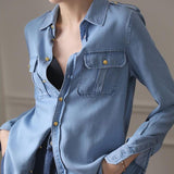 Solid Color Stylish Epaulet Blouse Female Clothing Long Sleeve Single-breasted Casual Pockets Commute Polo-Neck Shirt-Outfit