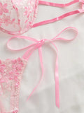 Ribbon Tie Up Embroidery Flower Half Cup Lingerie Set-Outfit
