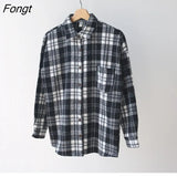 Retro Flannel Brushed Thick Plaid Shirts Women Fall 2022 Korean Fashion Baggy Blouse Female Causal Long Sleeve Tops