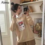 oversized Hoodie women's cartoon printed thin Sweatshirt loose fashion turn-down collar women Fake Two-Piece