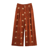 Fongt New Women's Sun-Print Linen-Blend Vest Blouse Wide-Legged Trousers Set