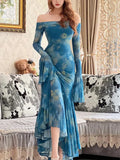 Temperament One-Word Shoulder Long-Sleeved Tie-Dyed Dress Women's Summer New High-End Waist Show Thin Fishtail Skirt-Outfit