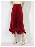 Satin Pleated Ruffles Midi Skirt-Outfit