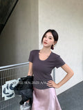 Fongt Xixi 13 Lines 2025 Autumn White Standard Temperament Collar Bottom Knitted Short-Sleeved T-Shirt 89545