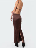 Satin 2 Piece Set Women Suits Retro Sleeveless Strap Backless Tie-up Camis Tank Low Waist Back Split Long Skirts 2023-Outfit