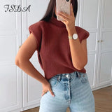 Turtleneck Sleeveless Vest Sweater Women 2020 With Shoulder Pads Knitted Pullover Autumn Winter Jumper Casual Tops