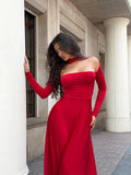 Off-Shoulder Long Sleeve Flare Maxi Dress-Outfit
