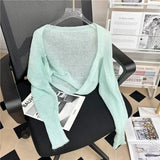Women Spring Summer Soft Sweaters Cardigans Lady Solid Shawl Female Long Puff Sleeve Short Knitted Coat-Outfit