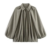 Fongt Women's Explosive Fashion Casual Bubble Sleeve Silk Shirt