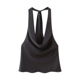 Fongt Women's Neck Bow Silk Satin Texture Top-Outfit