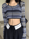 Contrast Striped Crochet Knit Crop Top-Outfit