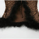 Tie Up Feather Leopard Print Tie Up Top And Mini Skirt Set-Outfit