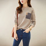 Fongt Round Collar Stripe Cashmere Knit Sweater Female Qiu Dong New Style Korean Version Temperament Loose Joker Bottom Unlined Upper Garment-Outfit