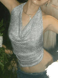 Metallic Silver Halter Cropped Tank Top-Outfit