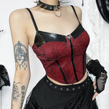 Autumn New Sexy Hot Girl Vest Dark Style Slim Leather Spliced Halter Top-Outfit