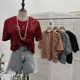 Red Lidg Short-Sleeved T-Shirt Woman 2025 Spring Dresses Loose Lime Bling Blouse