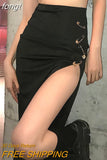 Punk Black Split Midi Skirts Women Aesthetic Skinny Ruched High Waist A-Line Party Long