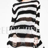 Fongt Version Of The Hollow Hole In The Long Sweater Female Lovers Stripes Loose Color Dark Versatile Knit Niche-Outfit