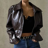 Fongt Women's Fall 2023 New Vintage Temperament Lapel Zipper PU Leather Casual Jacket