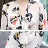 Silk Blouses Women Satin Print Blouse Women Long Sleeve Shirts Woman V-neck Silk Blouses Ladies Floral Blouse for