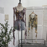 French Retro Oil Painting Wind Dyed Lotus Leaf Side Sling T-Shirts Long Sleeves Drifting Coat
