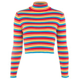 Rainbow Sweaters Pullover 2020 Winter Spring Slim basis Short Ladies Clothes Retro Stripes Femlae Knit Elasticity