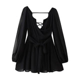 Fongt Women's ZA Summer New Temperament Light V Neck Shoulder Sleeves Tethered Dress