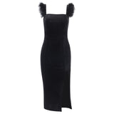 Knitted Square Collar Wool Suspender Forked Dress 2023 Spring Women's Fashion Sexy Slim Dress-Outfit